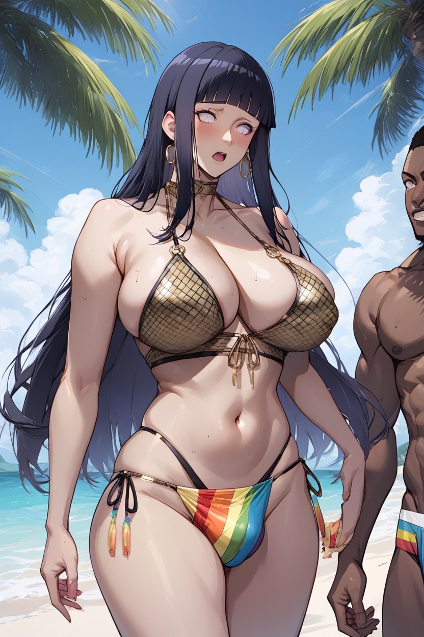Man In Rainbow Colour Pattern Speedo, Beach, Hinata Cosplay Hentai AI Porn