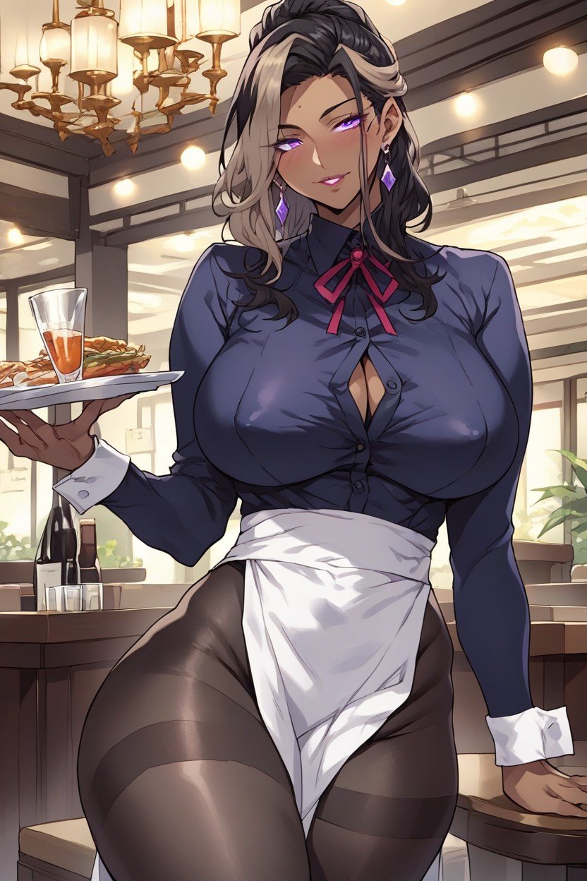 Fancy Restaurant, Massive Breast, Light Brown Highlights Hentai AI Porn