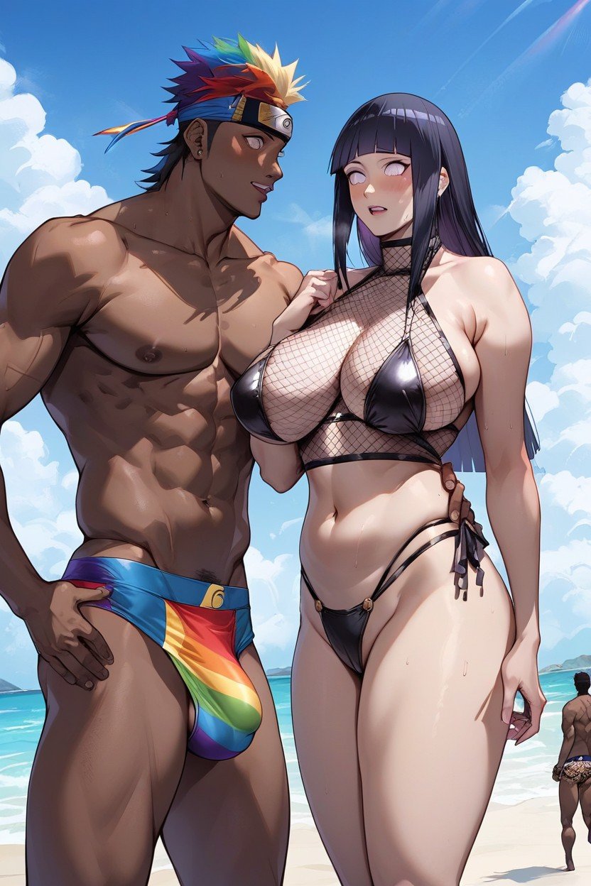 In Konoha Village, African Man Wear Rainbow Colour Pattern Speedo, African Man StandingヘンタイAIポルノ