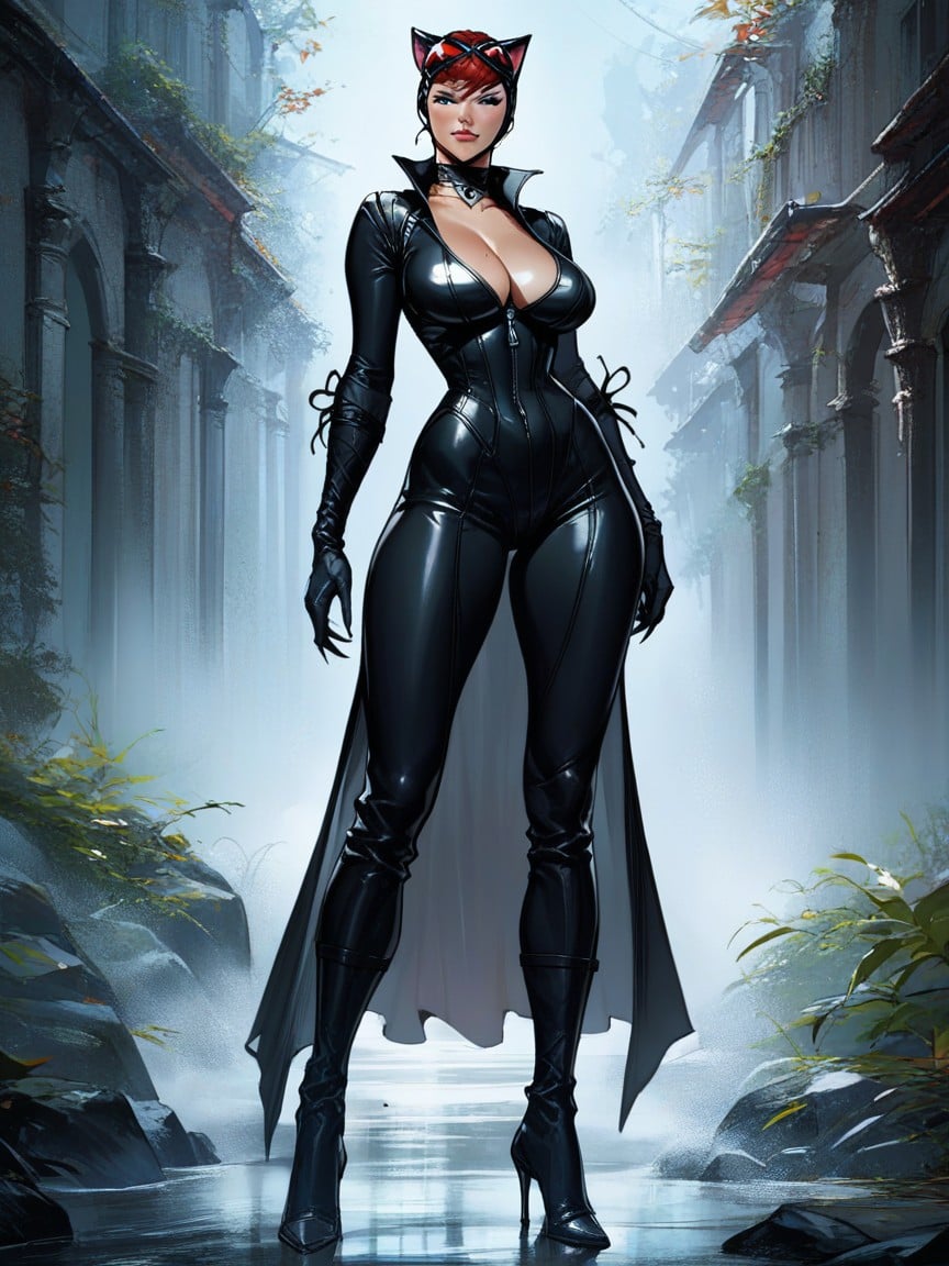 Blue Eyes, Catwoman Costume, Red Hair AI Porn