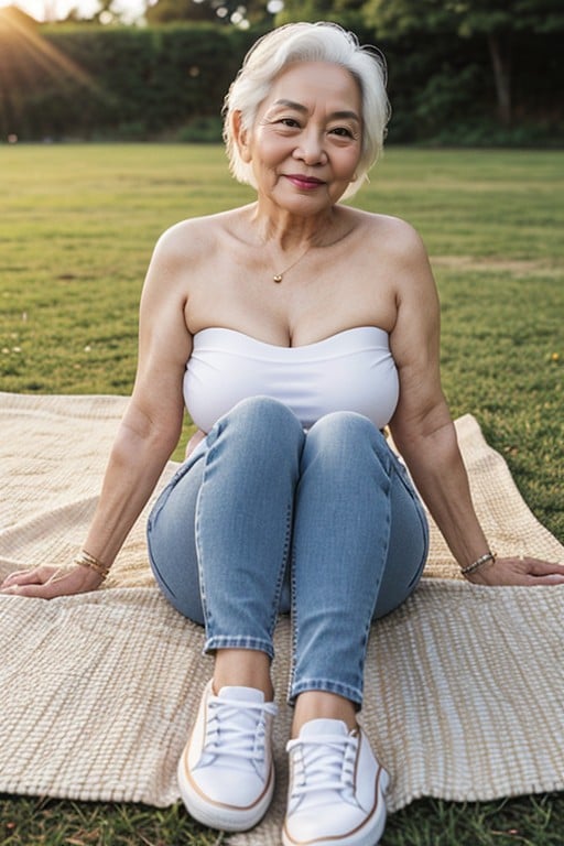 60+, Full Body View With Sneakers In Frame, Asian Woman Pornografia de IA