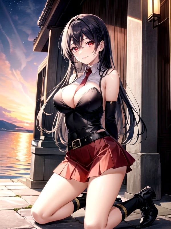 湖, Red Belt That Has A Black Side Skirt Cover Over A Black Pleated Skirt, Akame From Akame Ga KillAIポルノ