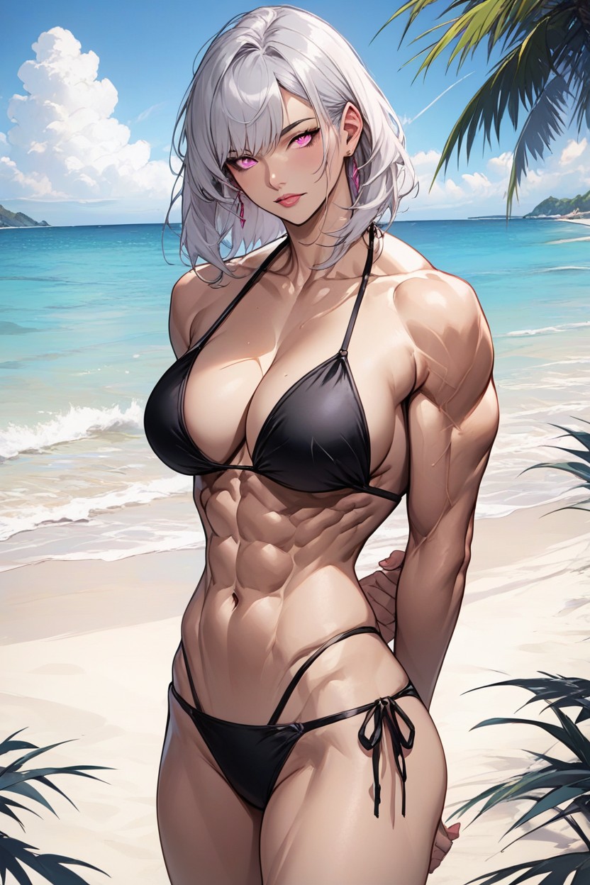 Grinning, Beach, Abs AI Porn