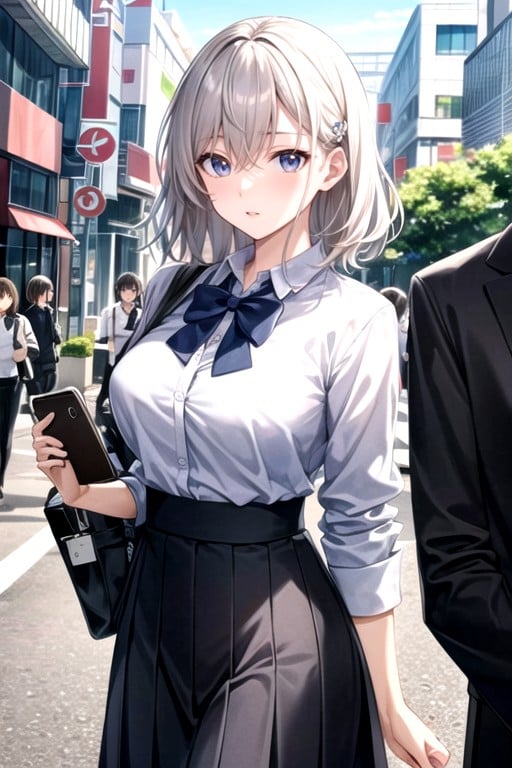 Pelo Blanco, Uniforme Escolar, Ciudad AsiáticaPorno AI Hentai