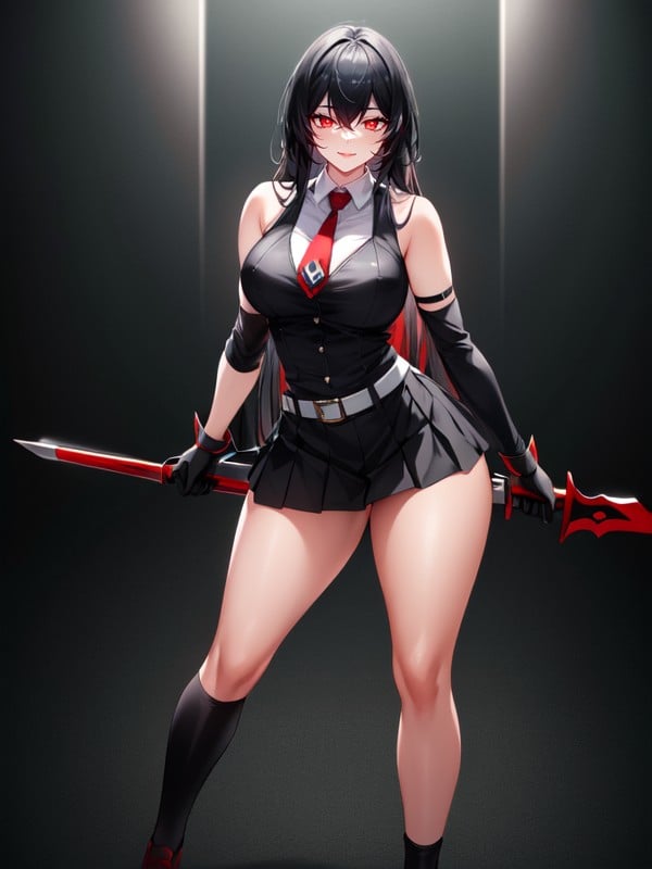 Ai Generated, Red Gauntlets And Black Gloves, Red Belt That Has A Black Side Skirt Cover Over A Black Pleated Skirt Hentai AI Porn