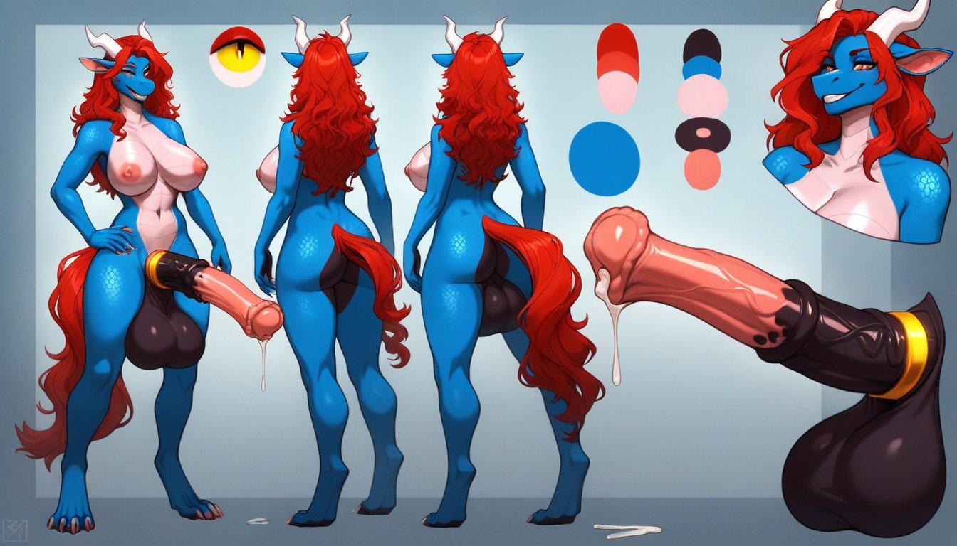 Veiny Penis, Red Hair, Blue Scales Dragon Futa Фурри AI порно