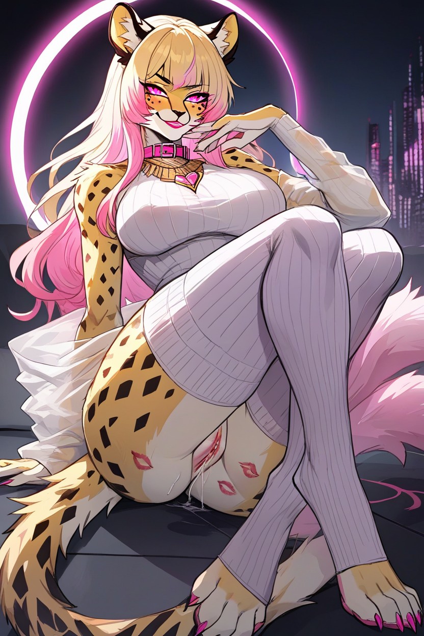 Pink Ringed Ribbed Socks, Detailed Background, Gold Jewelry Furry AI Porn