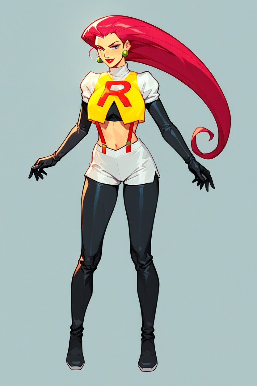 Fully Clothed, Jessie From Team Rocket Wearing Shorts, Yellow Tank Top And Red SuspendersAI 포르노