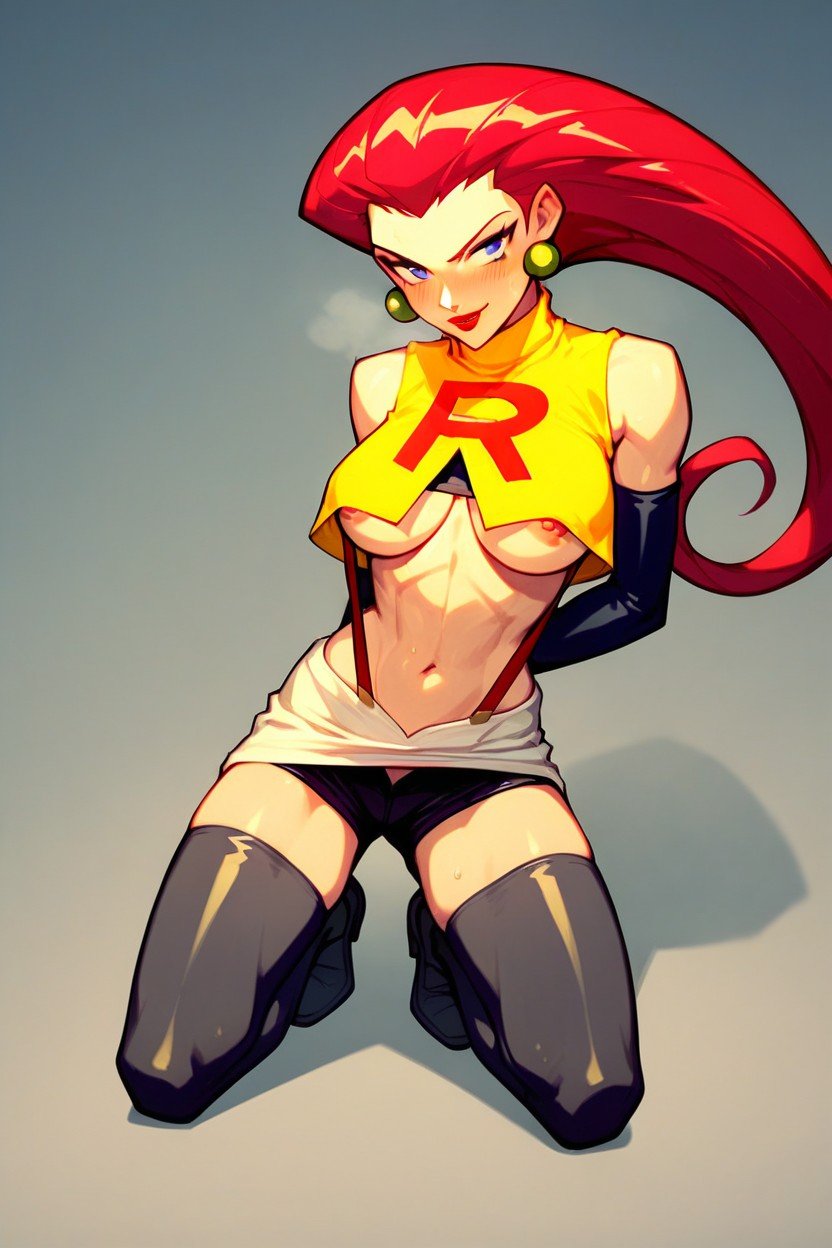 Yellow Tank Top And Red Suspenders, Jessie From Team Rocket, Wearing ShortsAIポルノ