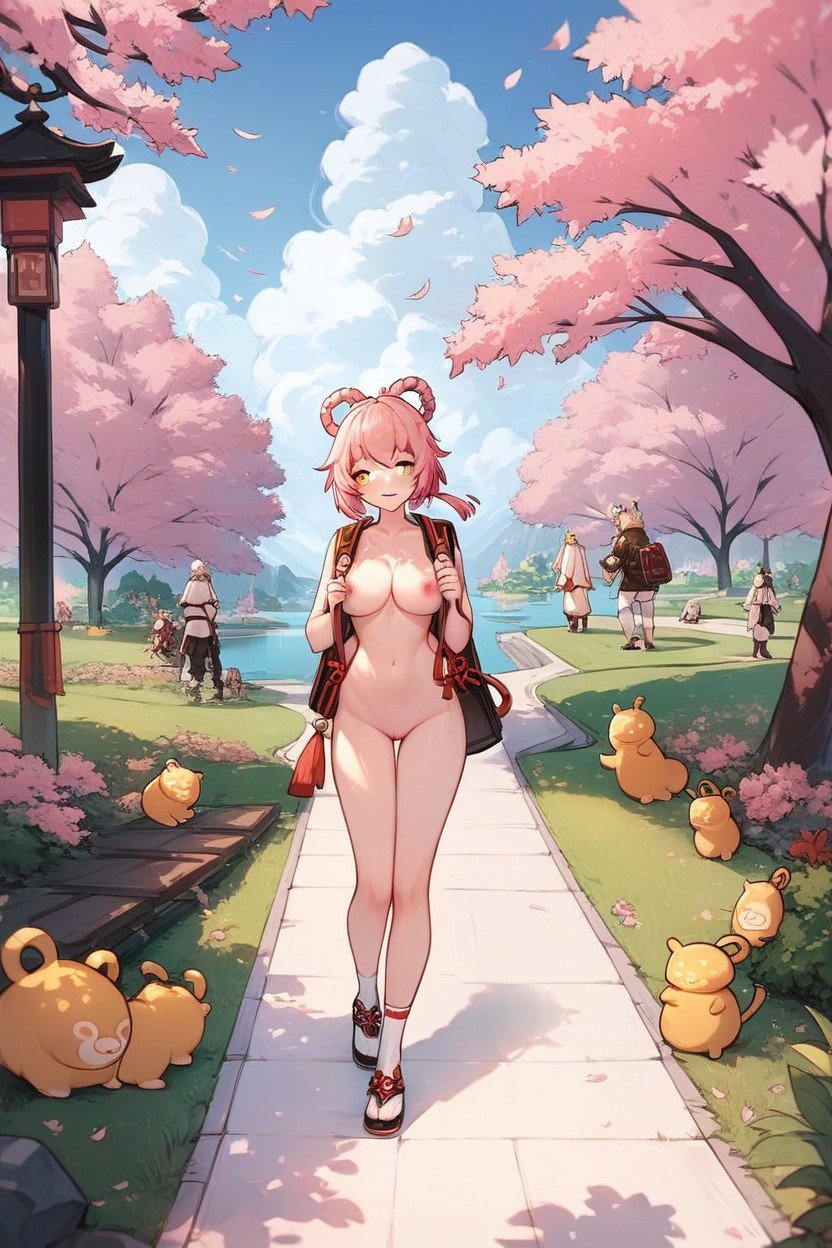 Naked, Park With Many People, Pink Hair AI Porn