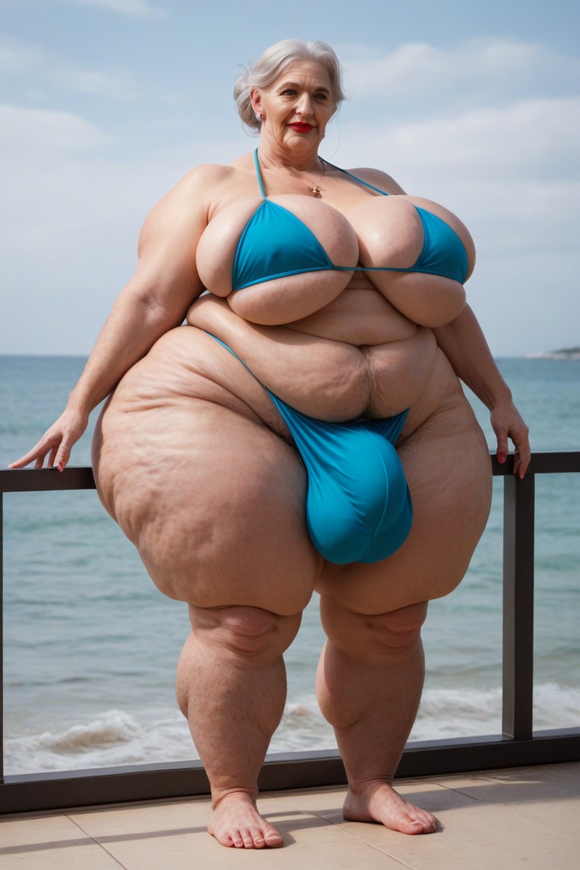 Huge Bulge Under Clothing, Obese, Male Standing Next To Taller Futanari Shemale AI Porn
