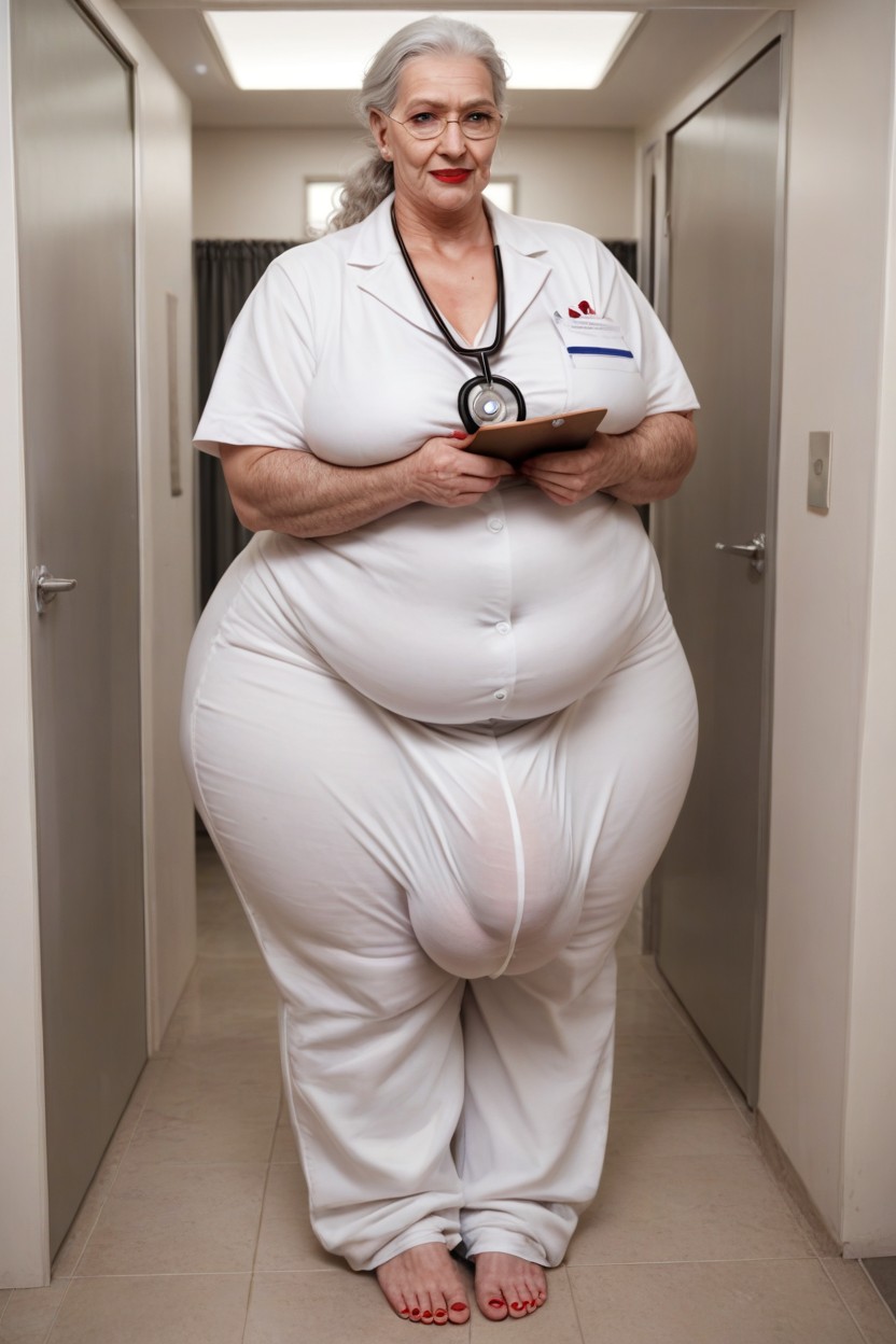 Hair Bun, Gigantic Saggy Breast, Doctors Scrubs Shemale AI Porn