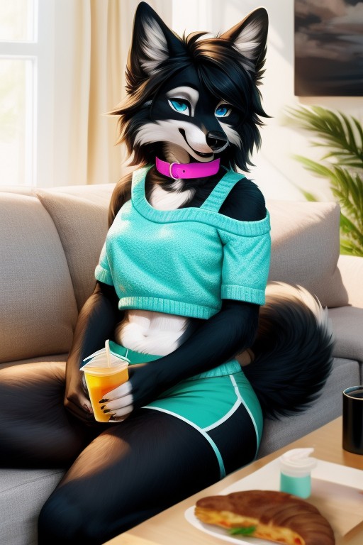 Sitting Down, Crop Top, Black Hair Furry AI Porn