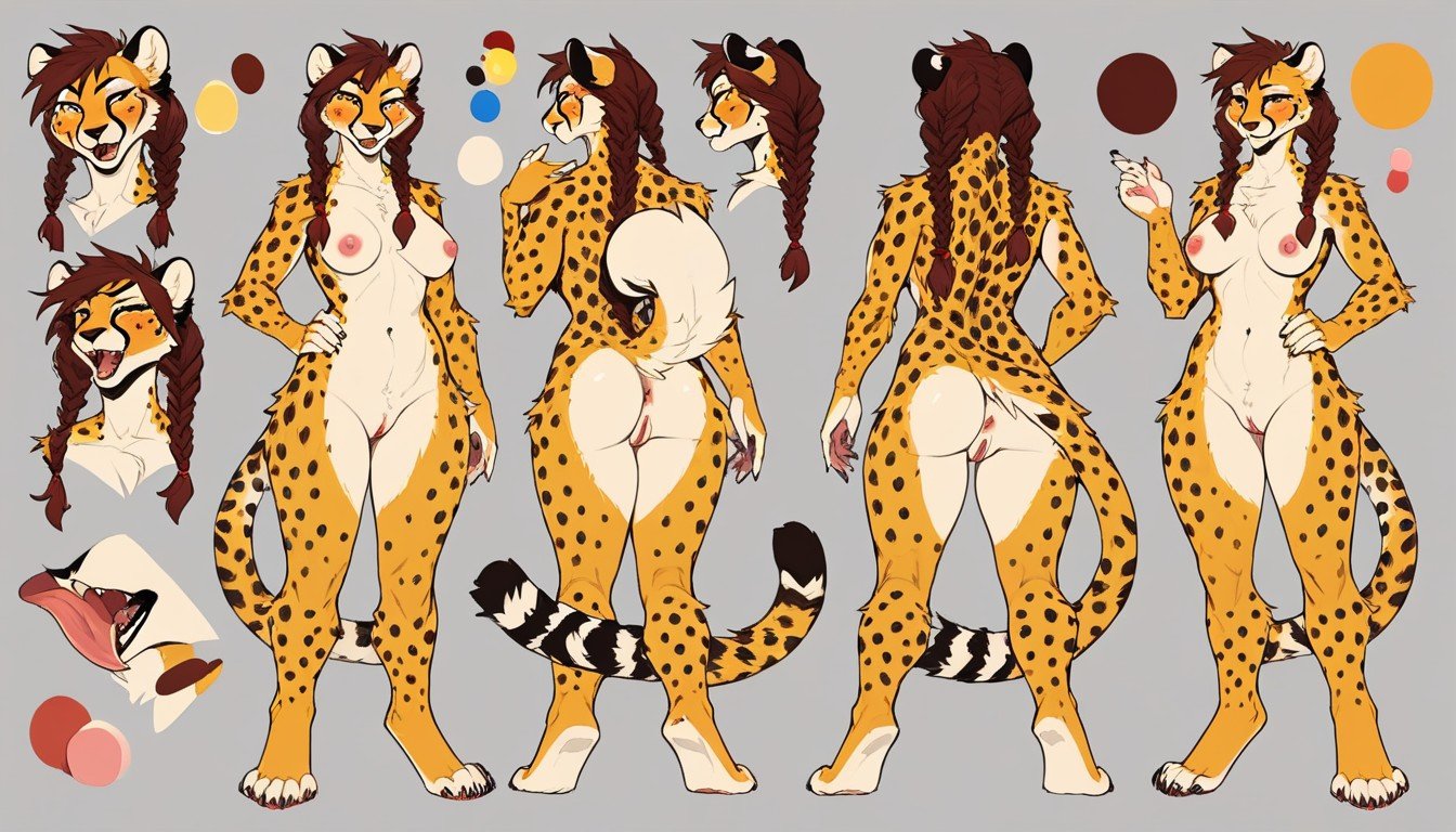 Medium Chest And Wide Hips, Furry Female Cheetah, Reference Sheet Pornografia peluda com IA