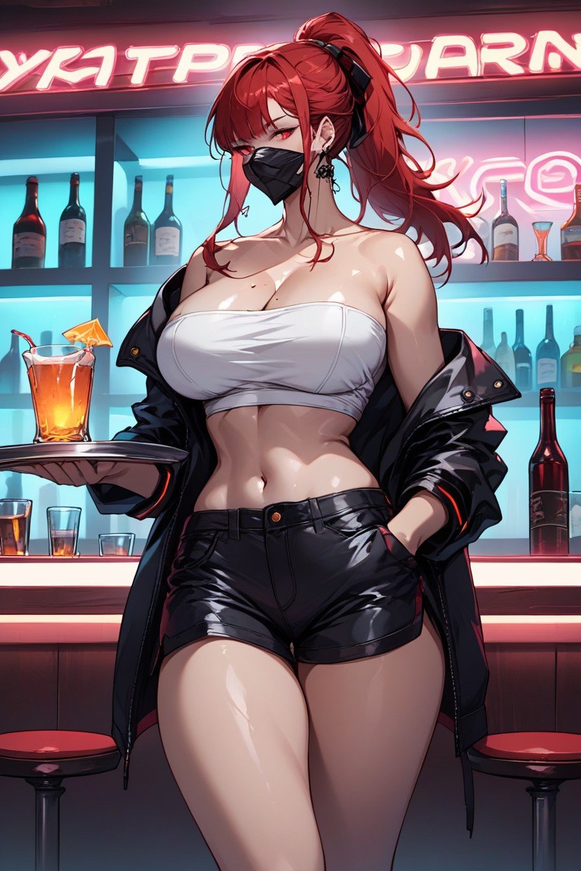 Black Leather Jacket, 苗條, Bar With Neon LightsAI黃漫