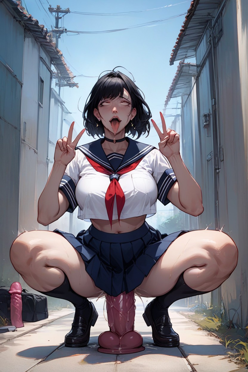 Uniform, Ahegao, Riding Huge Dildo Pornografia de IA