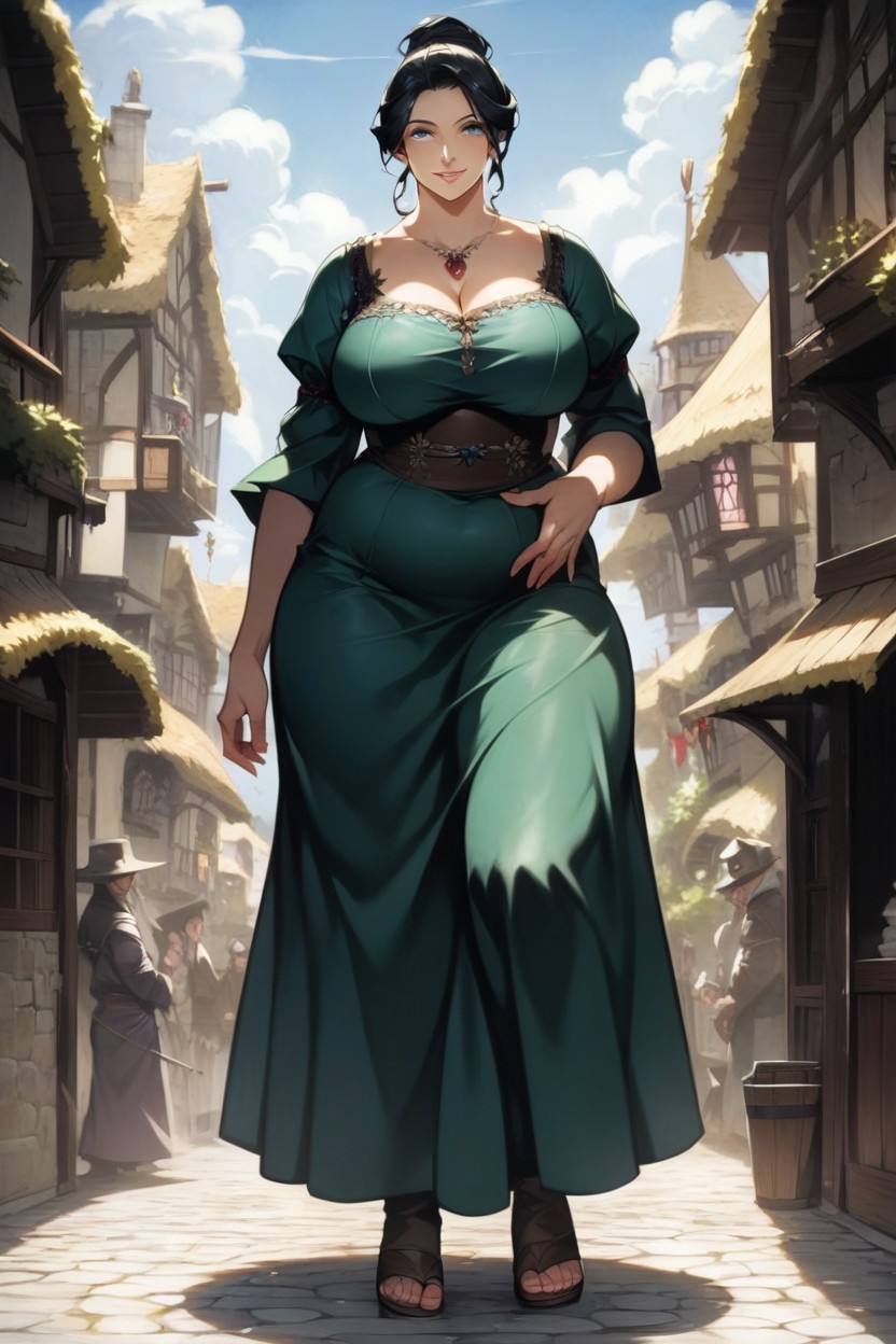 Black Hair, Medieval Town, Pretty FacePorno AI