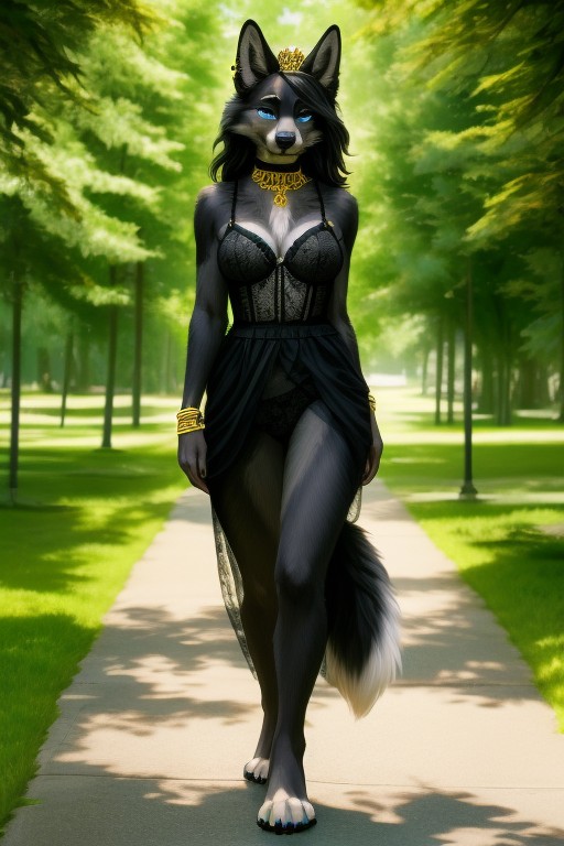 Vista Frontal, Corto, Pelo Negro Furry IA