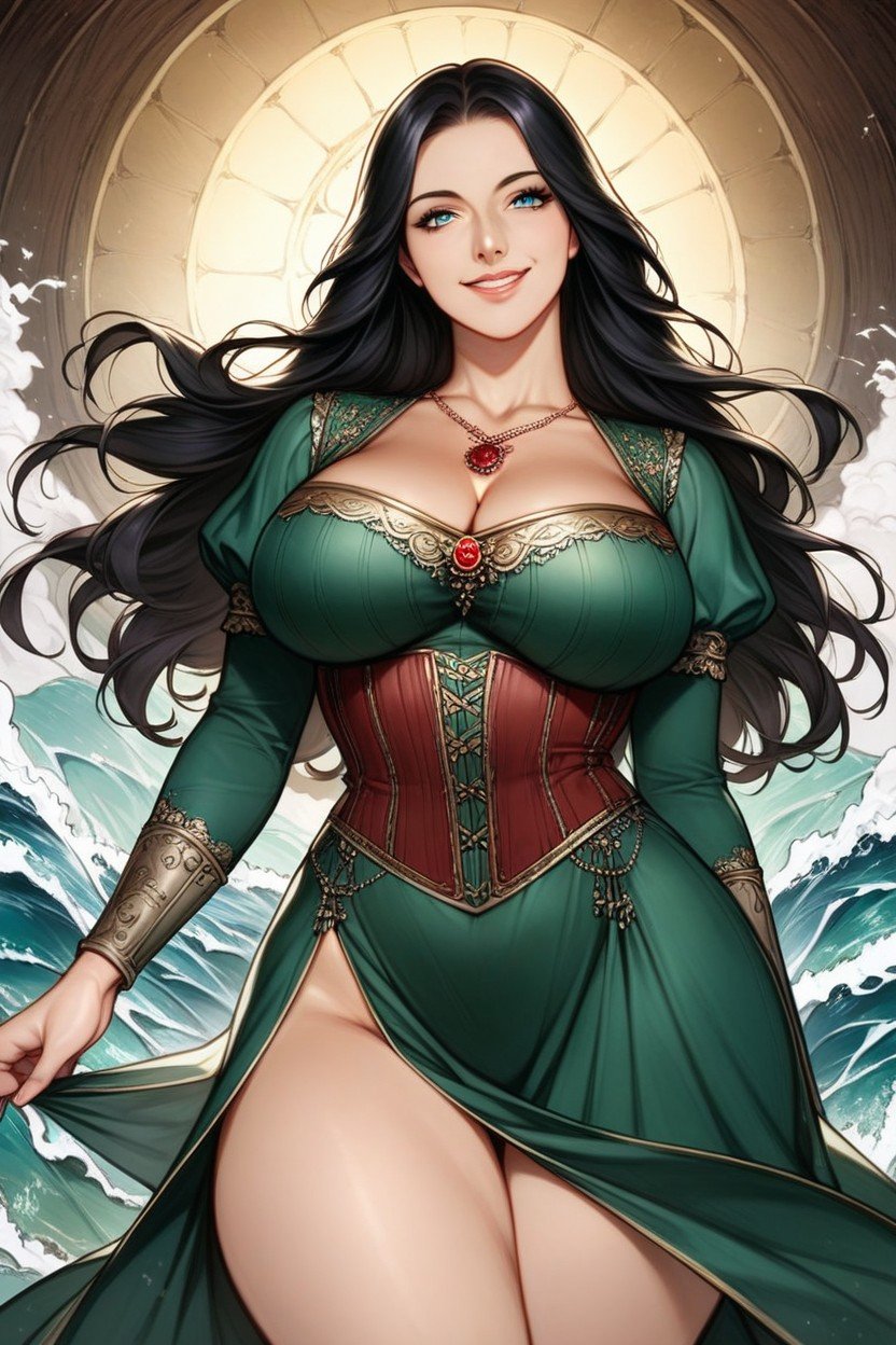 Medieval Dress, Hair In A Big Wave, Dark Blue EyesPorno IA Hentai