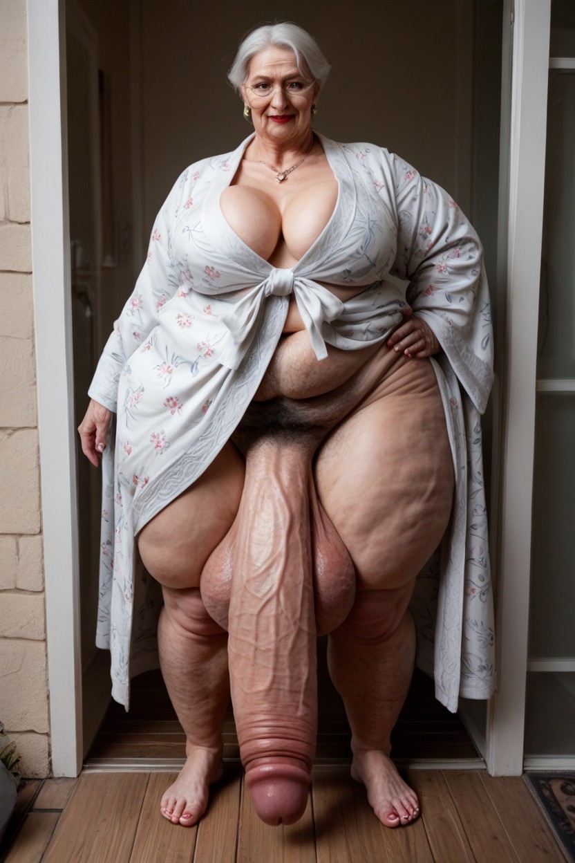 Standing Outside Front Door, White Hair, Gigantic Shemale AI Porn