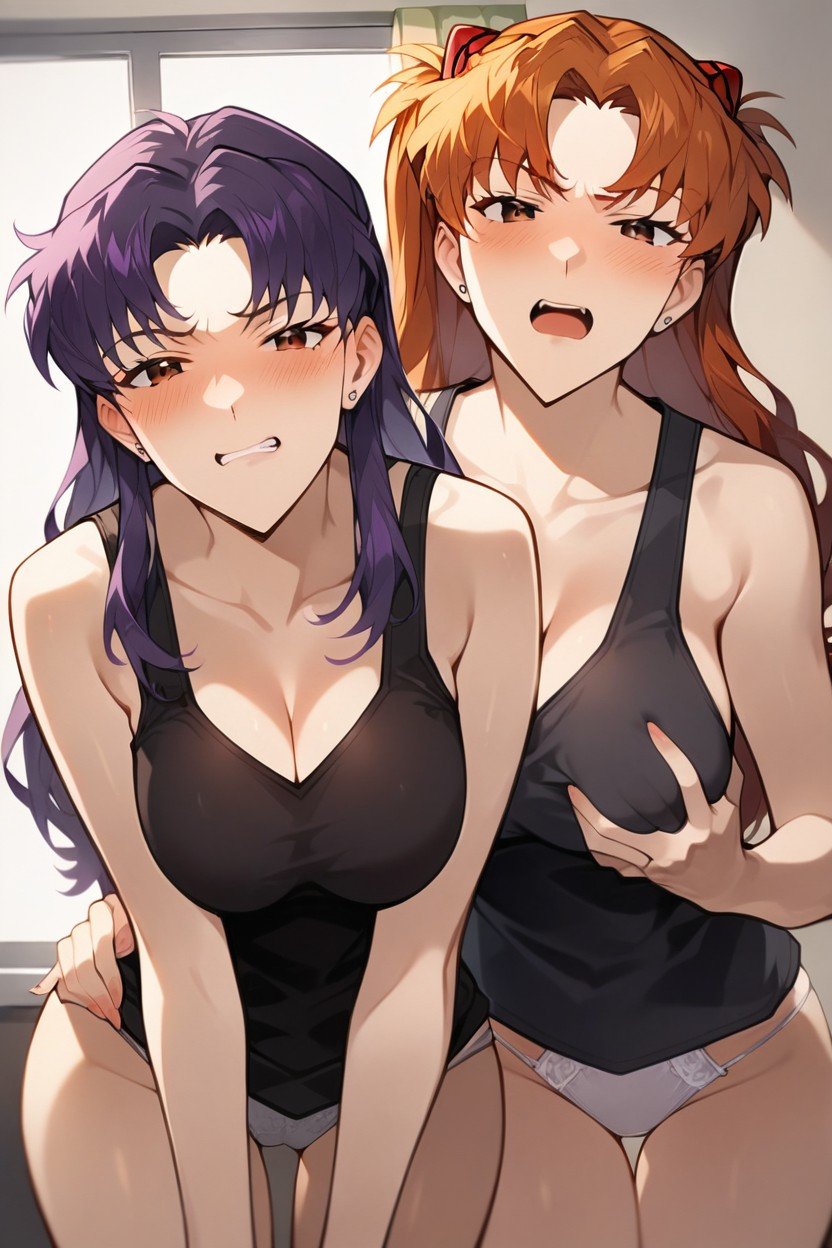 Misato Standing Closer To Viewer, One And One Adult Females, Purple Haired Misato Wear Loose Black Tank Top And Panties Hentai AI Porn