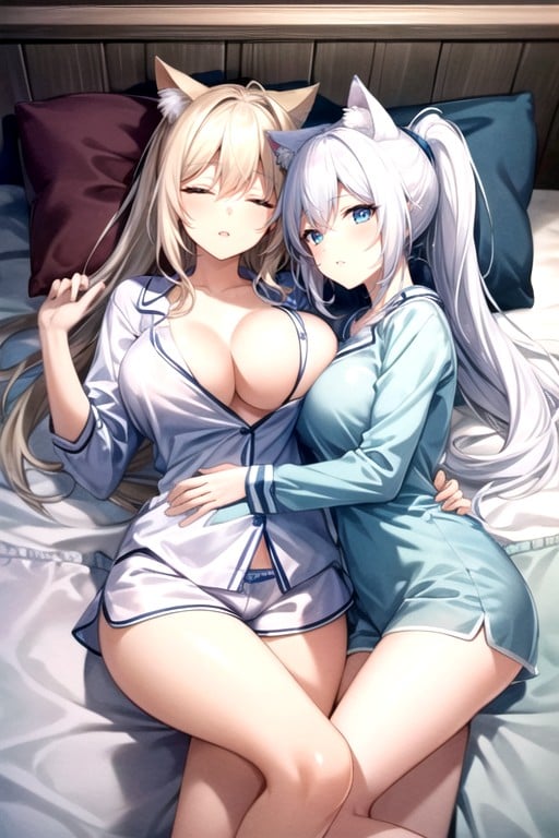 Ponytail, Light Blue Pajama Shirt, Exposed BreastsAI黃片