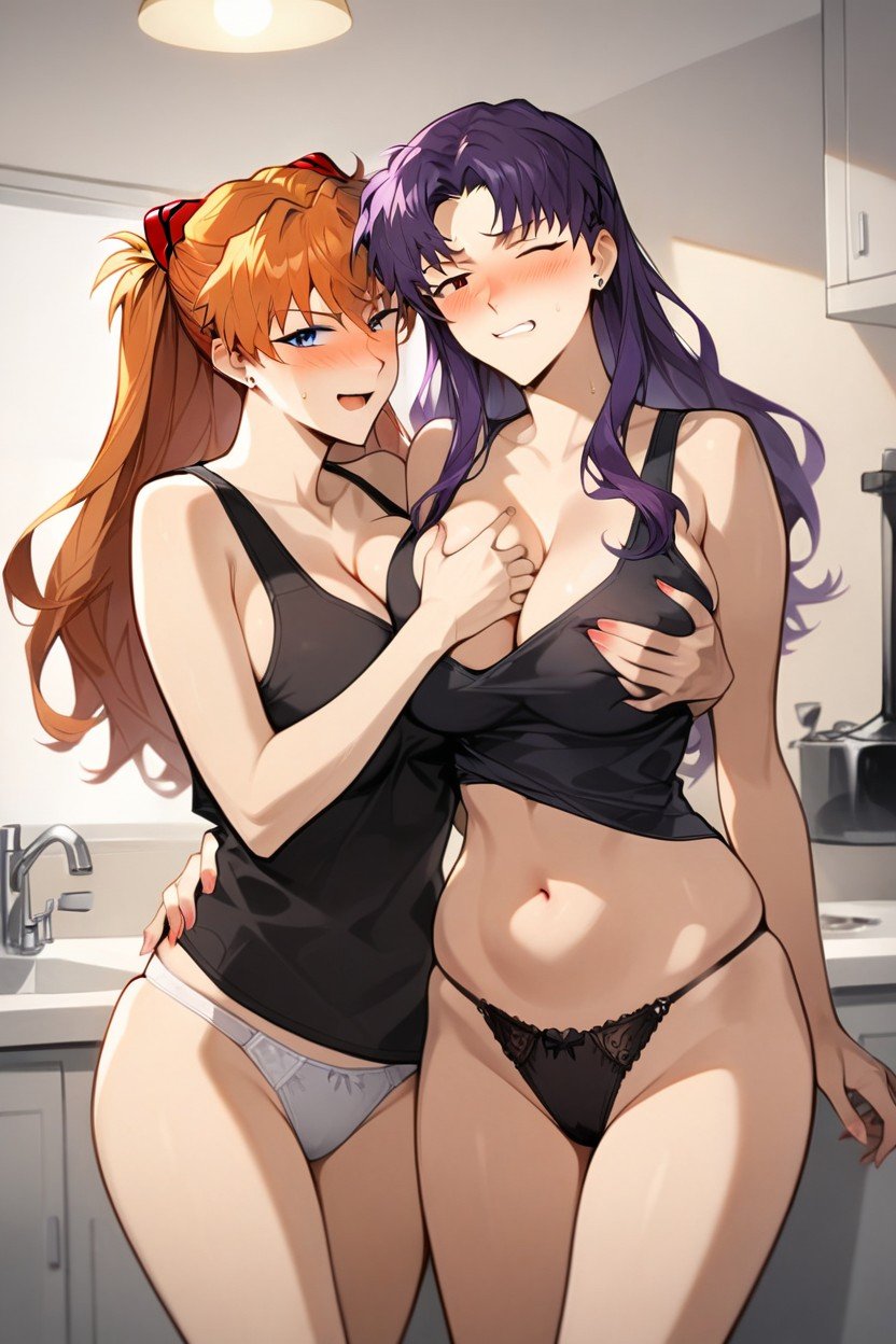 Misato Loose Black Tank Top With Panties, Asuka Snuggling From Behind And Reaching Her Hand Into Anothers Panties, Ginger Asuka Fully Clothed With Home Clothes Pornografia peluda com IA