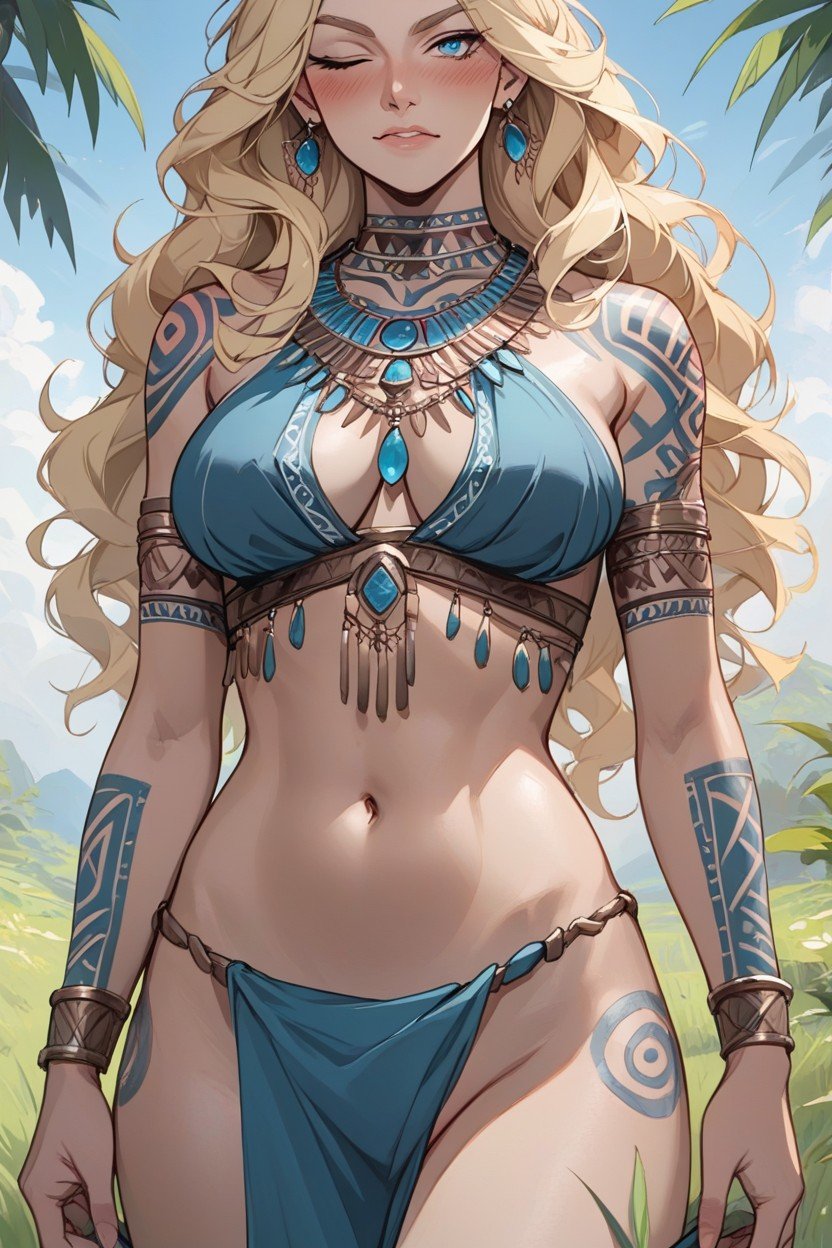 Her Body Completely Covered In Blue Tribal Tattoos, Her Hand Remove Her Loincloth, Blonde Haired WomanAI黄片