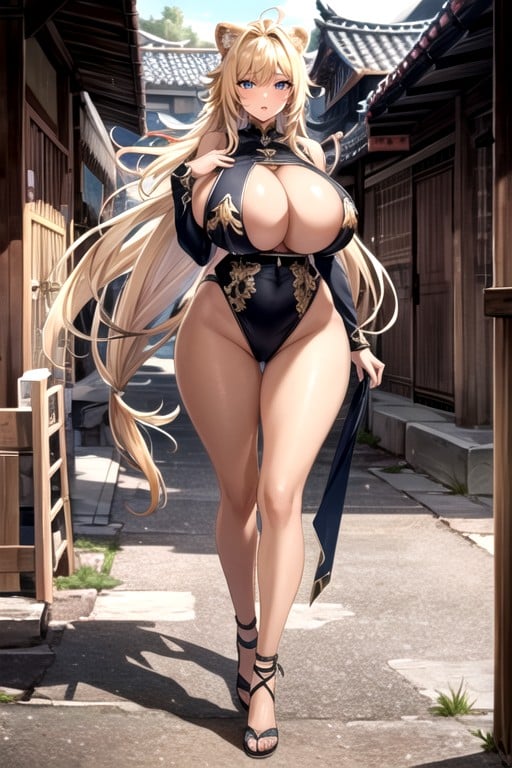 20s, Woman Lion Ear Lion Tail Blonde Perm Huge Breastscompletely Nakednipple Pussy Outdoors Dark Skin, Full Body AI Porn