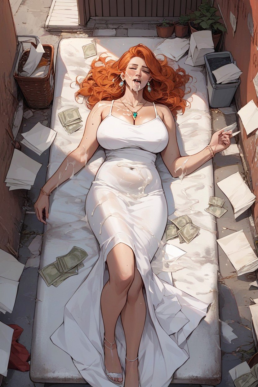 Lots Of Paper Money, Excessive Cum, Laying On Dirty Mattress In Alley Pornografia de IA