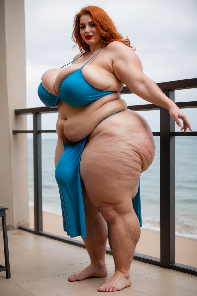 Blue Bikini, Balcony, Male Standing Next To Taller Futanari Shemale AI Porn