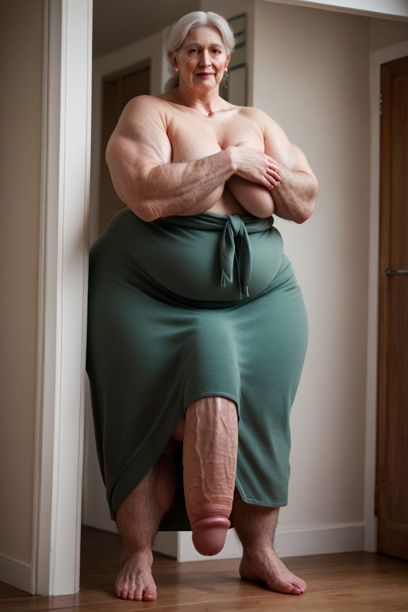 Obese, Extremely Long Arm Hair, Standing Outside Front Door Shemale AI Porn
