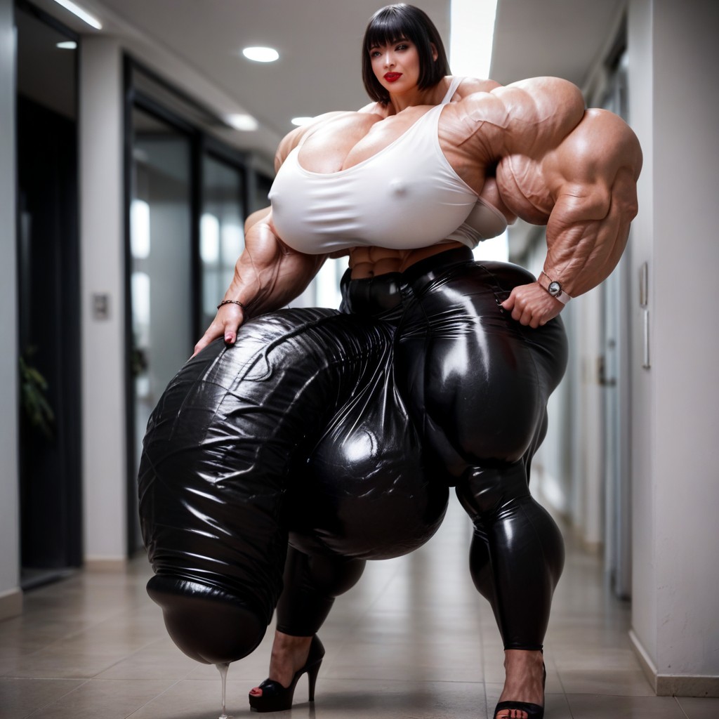 Rubber Leggings, Office Room, Hyper Massive Muscles Shemale AI Porn