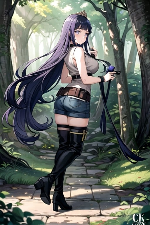 Forest, Side View, Wearing Black Leather Thigh High Boots Hentai AI Porn