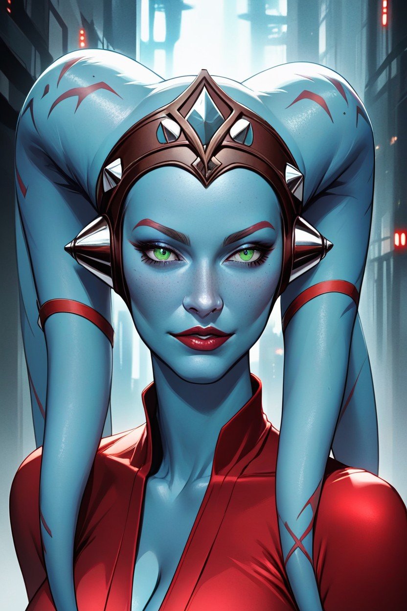 Star Wars Style Twi'lek Blue Skin Green Eyes, 파란 피부, Sparkling Red Dress퍼리 AI 포르노