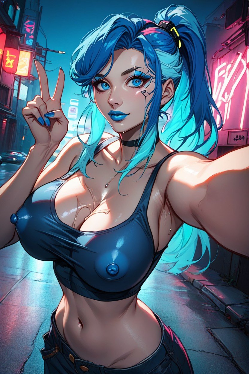 Cyberpunk Hacker, Shiny Blue Lips, Selfie Hentai AI Porn