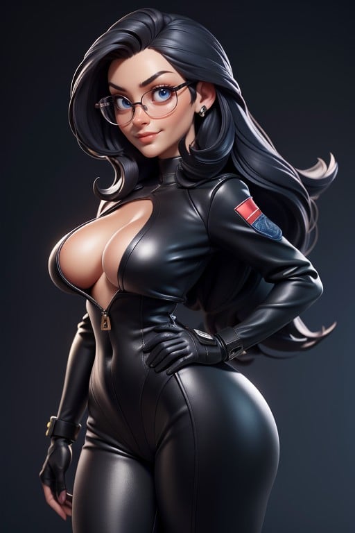 Tight Black Leather Body Suit With Snake Scale Pattern, Long Black Hair, Smug Expression AI Porn