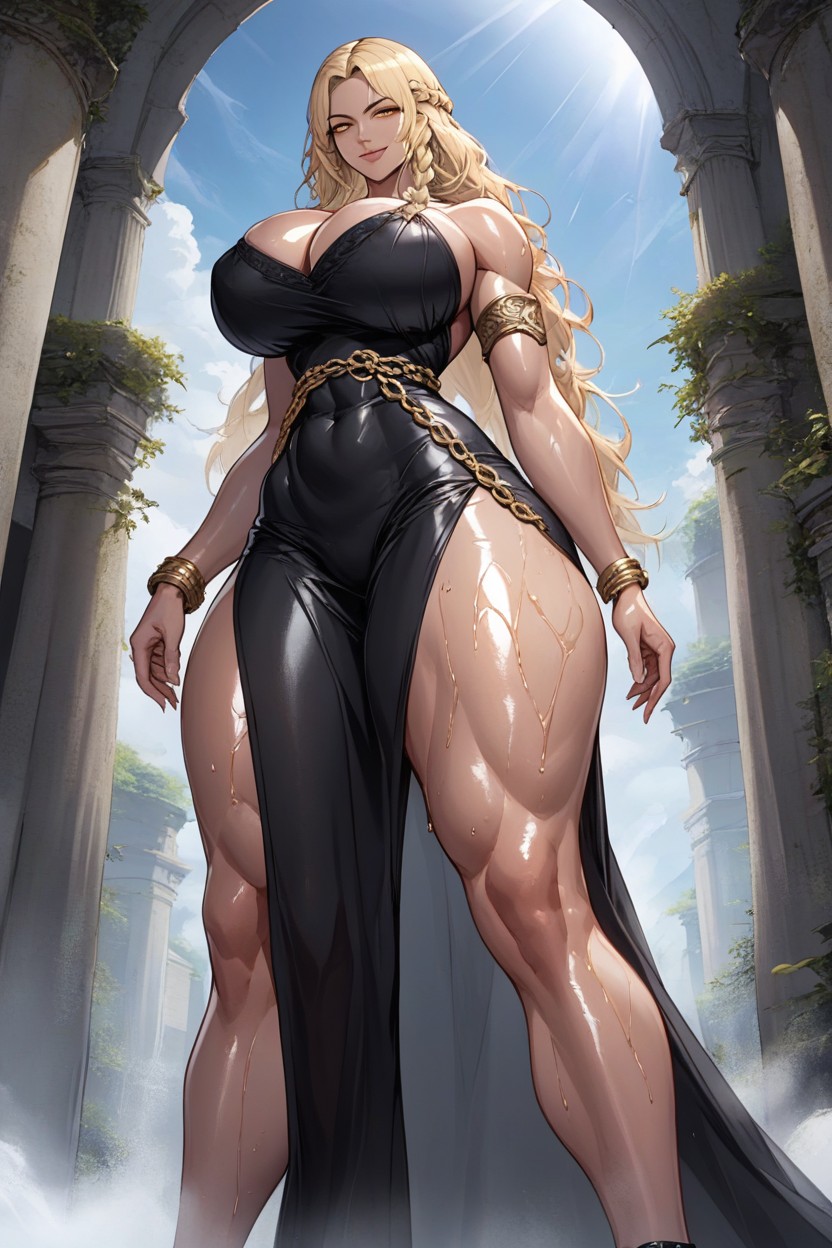 Blonde Hair, Seductive Body, Black Dress Exposing ThighヘンタイAIポルノ