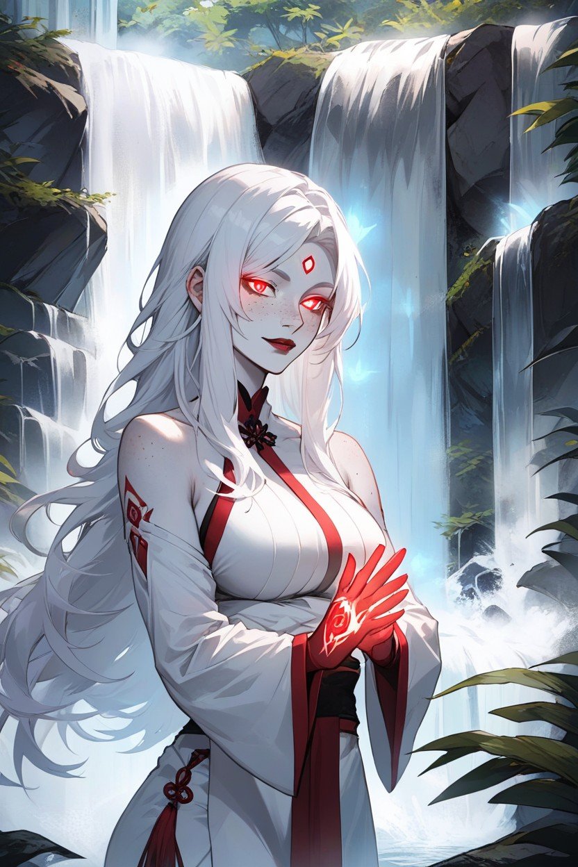 Glowing Red Large Eyes, Dark Magic Veins On Arms, White Hair AI Porn