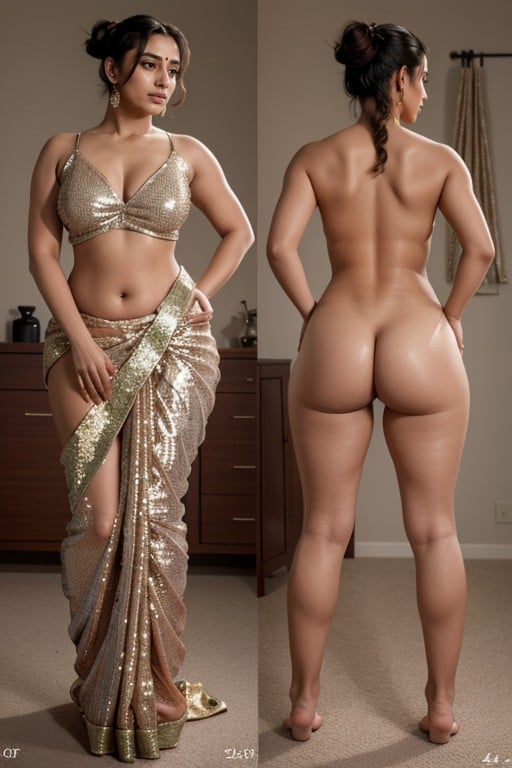 Rounded Ass, Golden Sequin Saree, Ponytail AI Porn