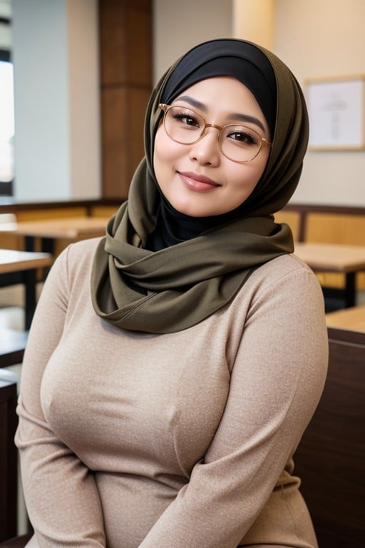 Fully Covered Sitting In A Cafe With Both Hands Holding Her Own Cheeks, Wearing Fashioned Hijab, Attractive Smile ExpressionPorno IA transsexuelle