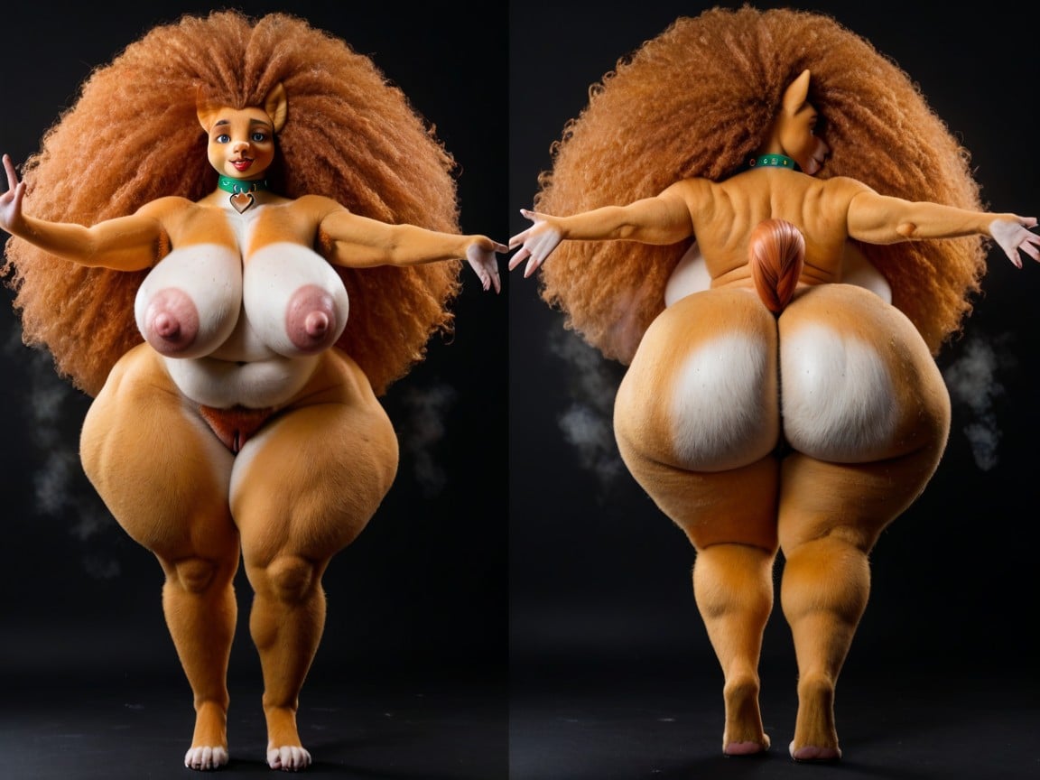 Arms-in-front Hands-on-knees, Completely Illuminated Figure, Extremely Long Afro HairstyleTransfrau KI-Porno