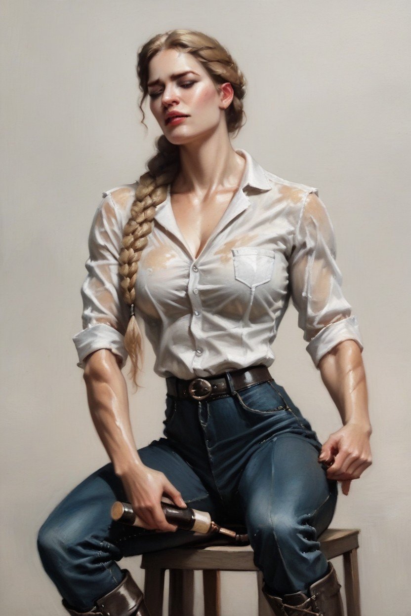 White Shirt, Beige Jodphurs, Muscular Woman AI Porn