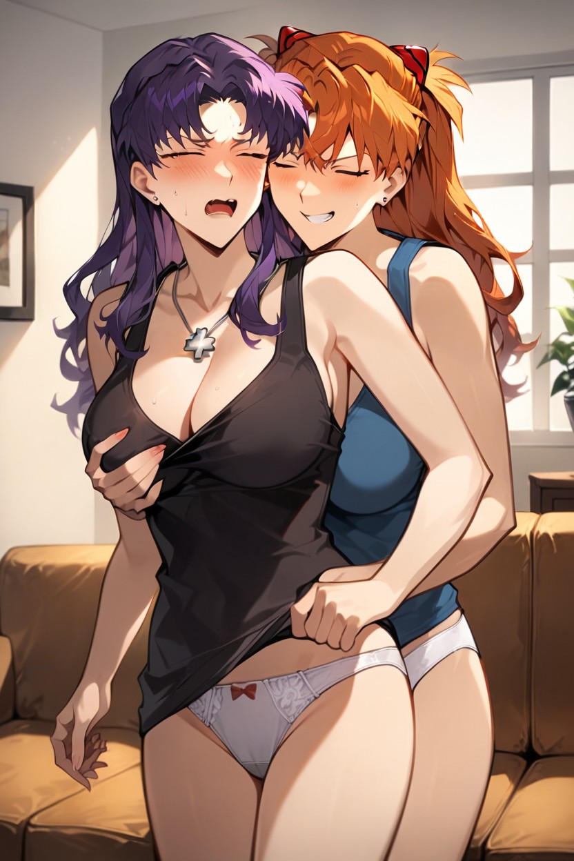 Pleasured Face Asuka, Purple Haired Misato Wear Loose Black Tank Top And Panties, Horny Face AsukaPorno IA