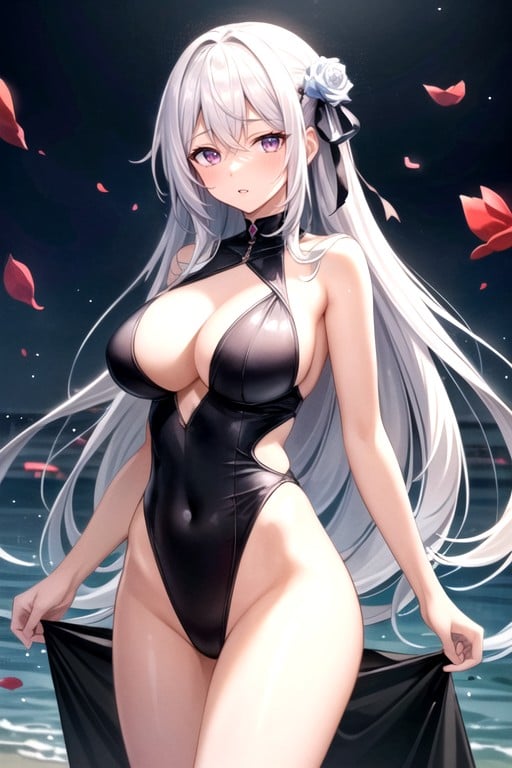 Anime Woman With White Hair Holding A Rose, Naked Body Covered With A SwimsuitAI 포르노