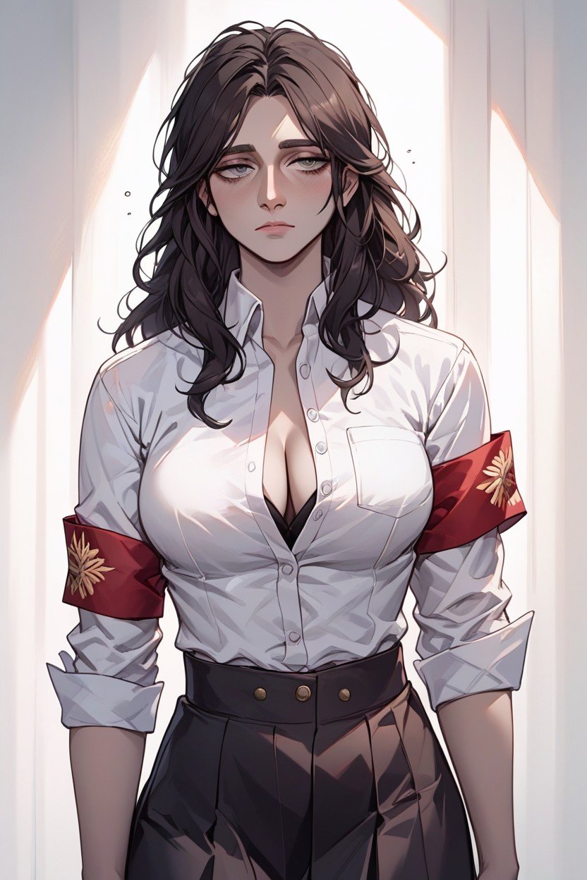 Sleepy Eyes, White Buttoned Shirt, Brown Long SkirtPorno AI Hentai