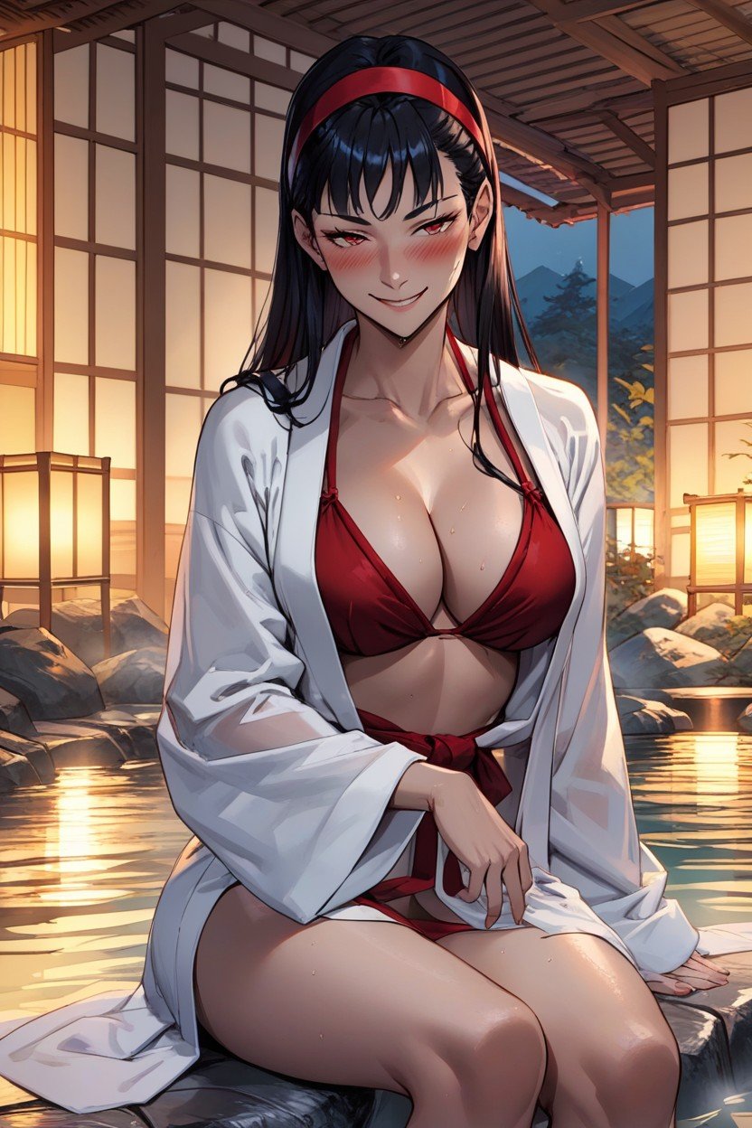 Sitting Down, Red Bikini Top, Bathrobe AI Porn