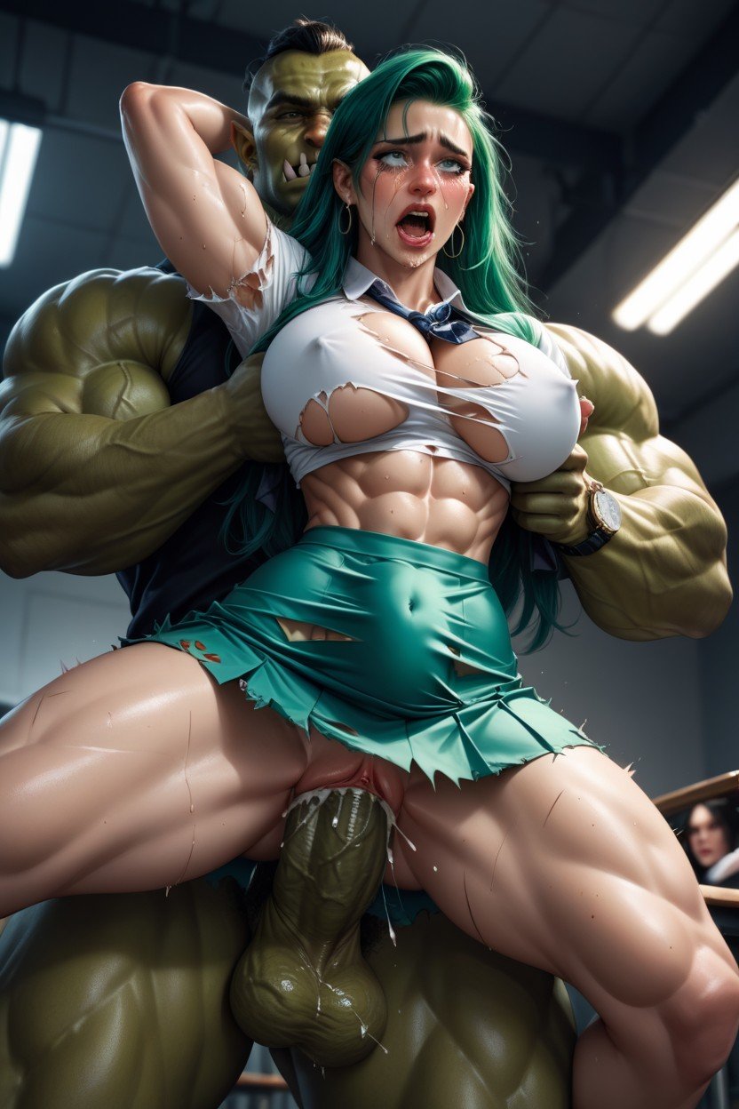 Lifted Up By The Hips Off The Ground By Huge Muscular Green Orc With Big Cock, Stomach Bulge, TearsPorno AI