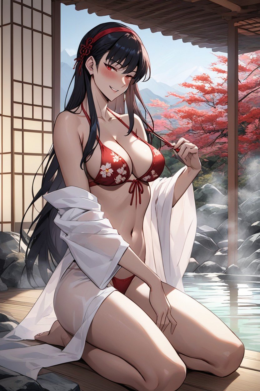 Yukiko Amagi, Red Floral Bikini Top, 浴巾AI兽人黄片