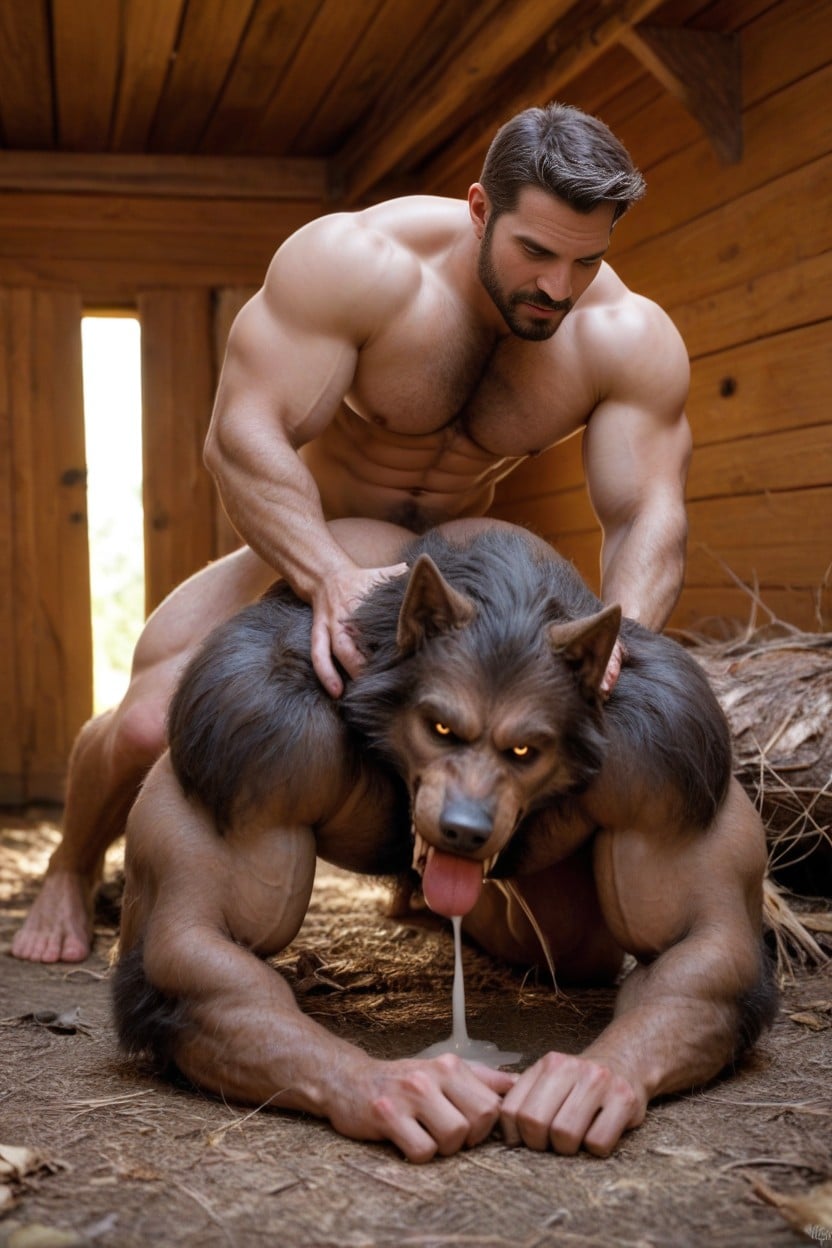 Hairy Nutsack, Werewolf On All Fours In Cabin Bedroom, Full Body Of Werewolf Visible To Viewer AI Gay Porn